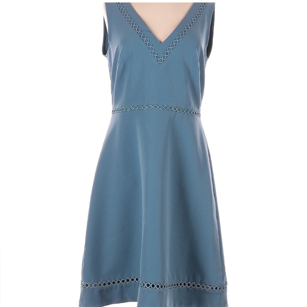 LOFT Dusty Blue Embroidered A-Line Dress – Size 10 – Flattering V-Neck